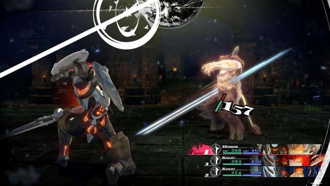 A battle screen in Metaphor: ReFantazio that depicts a knight in heavy armor slashing a minotaur with a large sword.