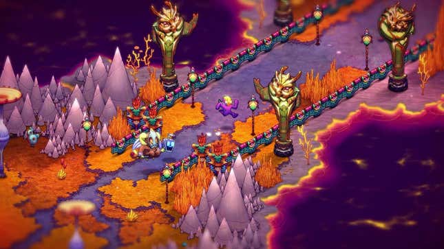 Flux Dabes runs up a purple and orange path, surrounded by dark violet water.
