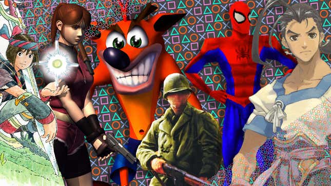 Characters from various PS1-era video games standing together. 