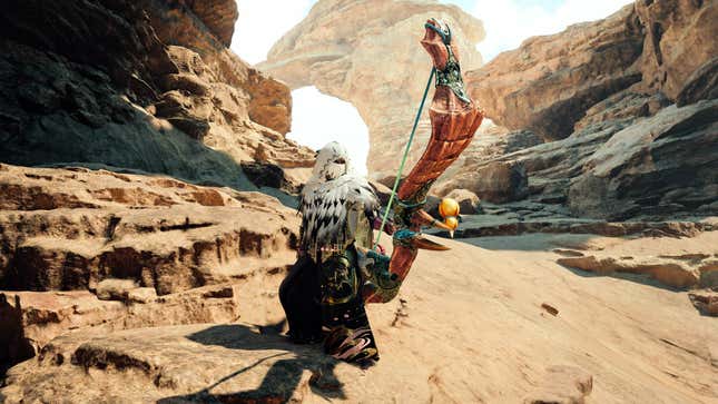 With their Bow at the ready, a hunter stands on a hill with an Evasion Mantle equipped.