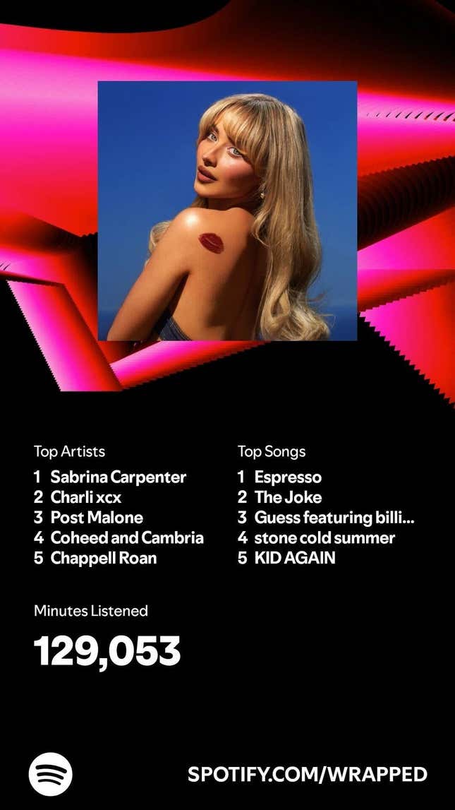 A Spotify Wrapped graphic featuring an image of Sabrina Carpenter.