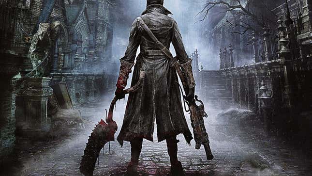 This key art from Bloodborne shows a figure in a long coat holding a saw and a rifle.