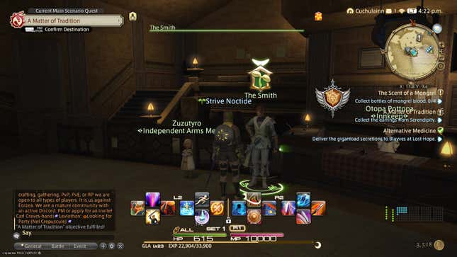 The player character interacts with an NPC in a lodge.