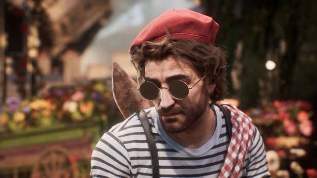 A very French man in a beret and stripey shirt, although somehow not holding a baguette, looks forlorn behind pretentious sunglasses.