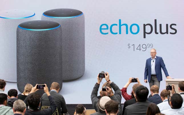 three amazon echo plus devices displayed on a backdrop with the words 