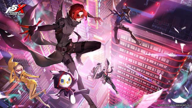 The Persona 5 Phantom X cast jumps off a building.