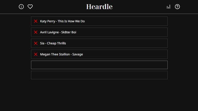 Heardle's rather bleak web page, with incorrect song guesses listed in white text on a black background.