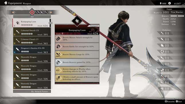 A screenshot of the equipment screen from Dynasty Warriors: Origins. The Rampaging Luan weapon is highlighted.