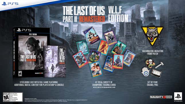 The contents of The Last of Us Part II Remastered W.L.F. Edition are displayed, including trading cards and enamel pins.