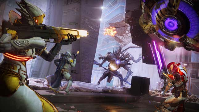 A screenshot of a fireteam of Destiny 2 players fending off waves of enemies in the game's new PvE mode, Onslaught.