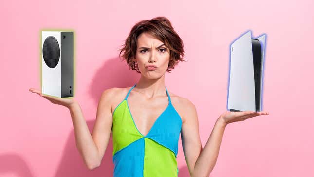 Woman holding Xbox Series S and PS5