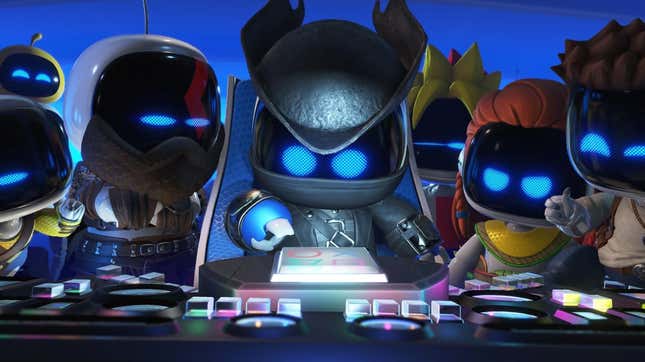 Astro Bot and friends turn off their PS5. 