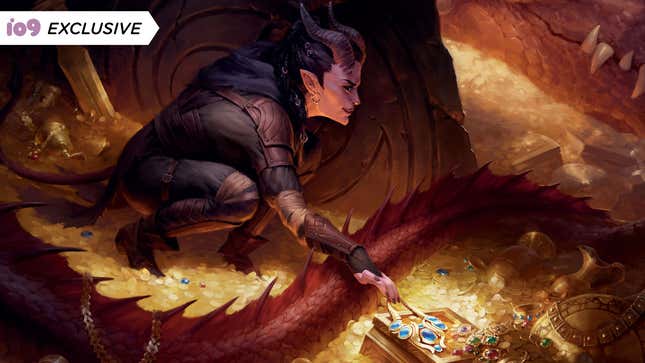 A female Tiefling rogue sneaks around a sleeping dragon's tail to steal a golden necklace from its pile of treasure.