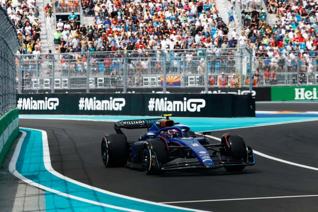 Logan Sargeant of United States driving the (2) Williams FW45 Mercedes exits pit lane during the F1 Grand Prix of Miami at Miami International Autodrome on May 07, 2023 in Miami, Florida