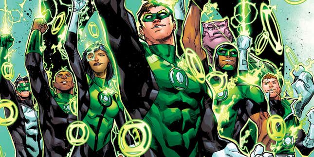 The human Green Lanterns (and Kilowog) throwing their fists into the sky.