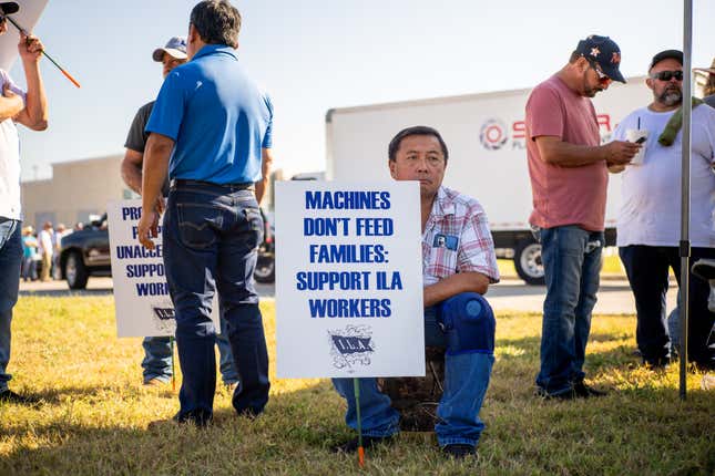 Dockworkers strike outside of the Port of Houston Authority on October 01, 2024 in Houston, Texas.