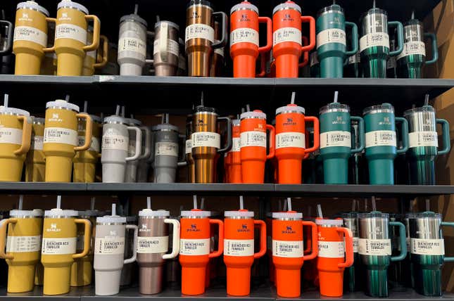 Stanley tumblers displayed on a store shelf