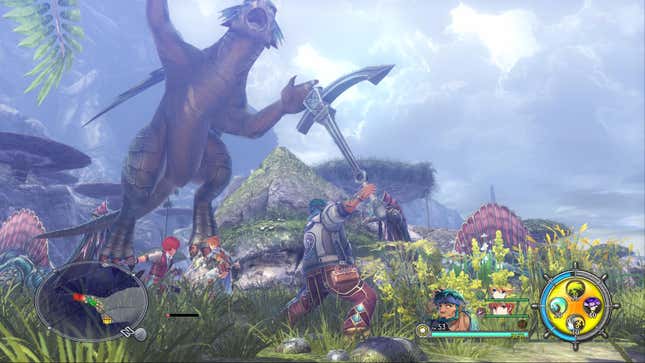 A man with green hair wearing fishing attire swings a giant anchor towards a massive dinosaur leaping into the air. A boy with red hair and a woman with blonde hair can be seen fighting in the image as well.