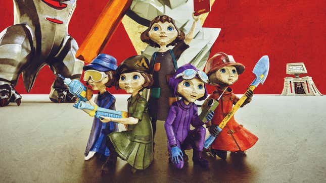 The puppet-like characters of The Tomorrow Children pose with a gun, a shovel, a phone, a drill, and a book. 