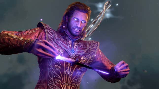 Gale holds a magical knife while his eyes glow purple.