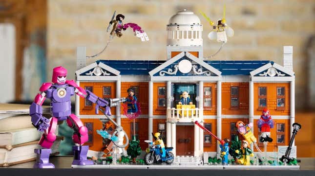 Lego X-Men characters fight a sentinel. 