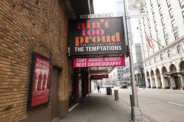 NEW YORK, NEW YORK - JANUARY 15: Ain’t Too Proud - The Life and Times of The Temptations at Imperial Theatre near Times Square remains closed following restrictions imposed to slow the spread of coronavirus on January 15, 2021 in New York City. The pandemic has caused long-term repercussions throughout the tourism and entertainment industries, including temporary and permanent closures of historic and iconic venues, costing the city and businesses billions in revenue. (Photo by Cindy Ord/Getty Images)