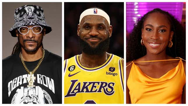 Snoop Dogg, left; LeBron James, and Coco Gauff.