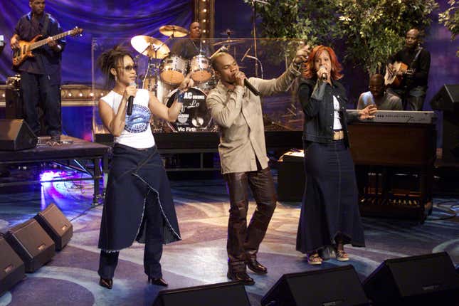 Musical guests Tina Atkins-Campbell, Kirk Franklin, Erica Atkins-Campbell of Mary Mary on April 12, 2001