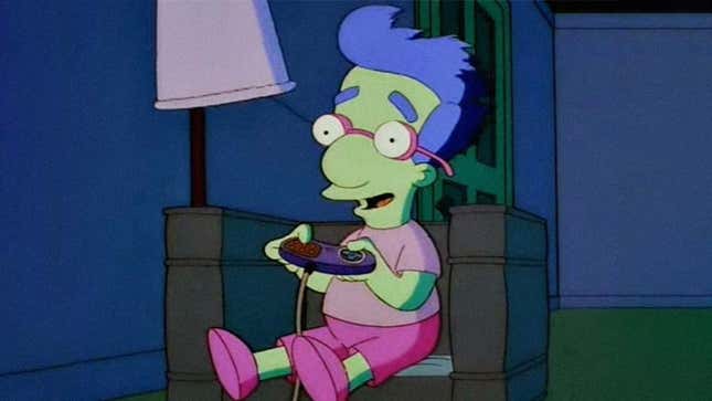 A screenshot shows Milhouse playing video games as seen in the series. 