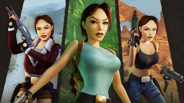 An image shows three different Lara Crofts from the first three Tomb Raider games. 