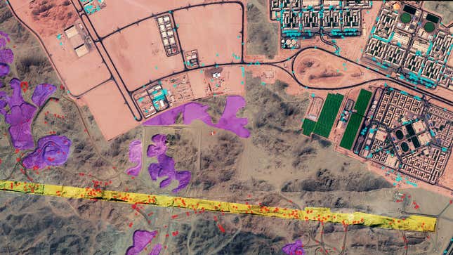 Satellite images show excavation equipment (red dots), mounds of dirt (purple), the footprint of The Line (yellow) and the main construction camp (blue dots, pink, and green)