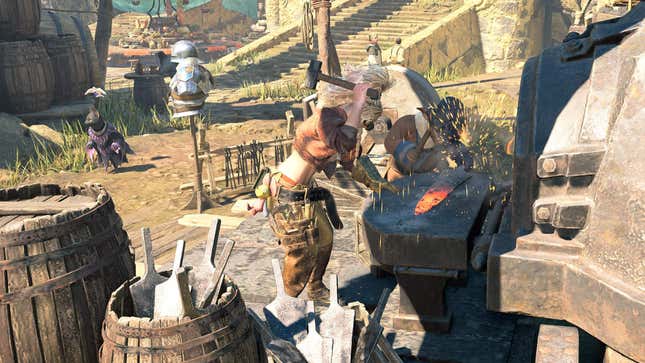 Gemma and the Legend NPC work at the forge in the Grand Hub.