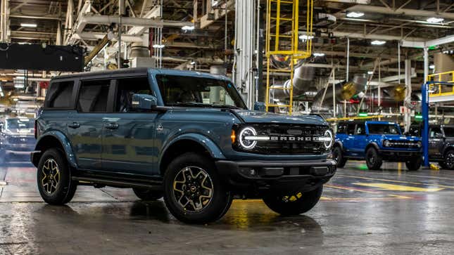 A blue Ford Bronco SUV in the factory