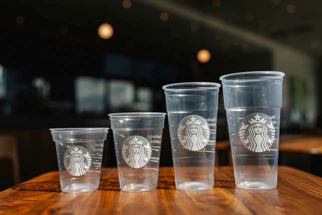 This photo provided by Starbucks shows a new version of the company&#39;s cold cup which is said to be made with up to 20% less plastic. The introduction of the cups will be announced on Thursday, April 18, 2024. (Starbucks via AP)