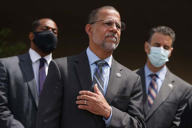 BALTIMORE, MARYLAND - MAY 17: U.S. Rep. Anthony Brown (D-MD) (C) listens during a news conference on May 17, 2021, in Baltimore, Maryland. Members of the Maryland Congressional Delegation held a news conference to discuss the “Reconnecting Communities Act,” legislation to “reconnect and revitalize areas that were harmed by the construction of the Interstate Highway System” and “reform the long history of inequity in infrastructure.”