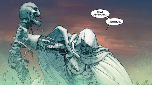 A white-cloaked Doom holds the skeleton of Thanos