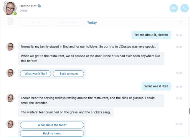 Image for article titled Heston Blumenthal’s Skype bot is a lot less scary than his cookbooks