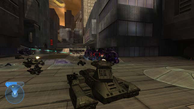 A Scorpion tank takes aim at a Covenant transport vehicle.