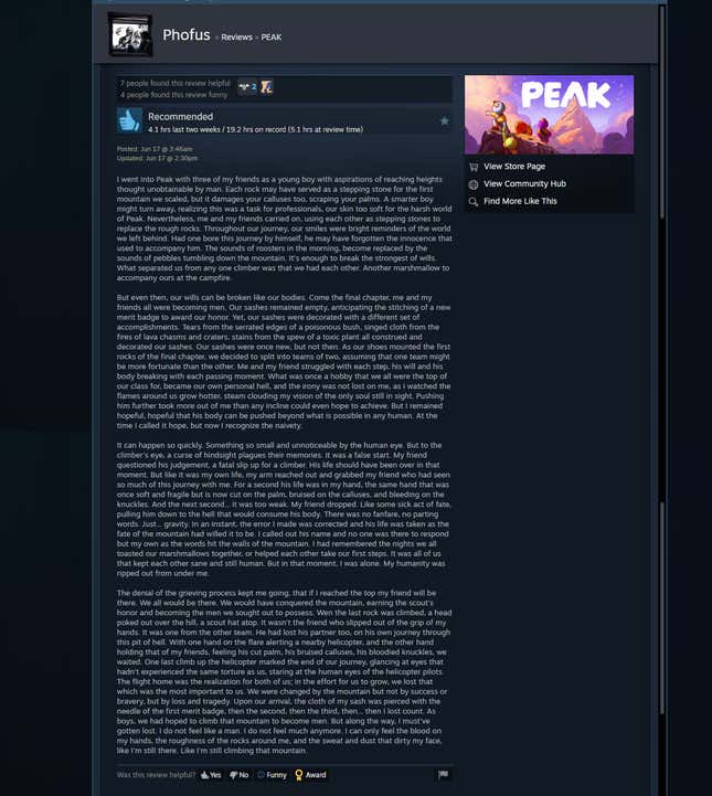 Image for article titled Peak, As Told By Steam Reviews
