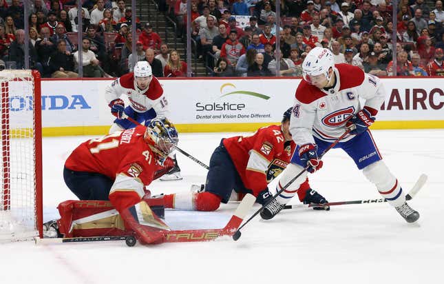 SUNRISE, FLORIDA - FEBRUARY 29: Playing in his 100th NHL game, Anthony Stolarz #41 of the Florida Panthers makes the first period save on Nick Suzuki #14 of the Montreal Canadiens at Amerant Bank Arena on February 29, 2024 in Sunrise, Florida. (Photo by Bruce Bennett/Getty Images)