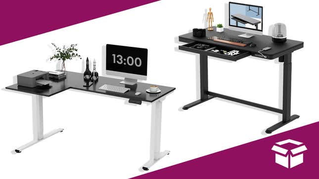 An L-shaped standing desk and a standing desk with USB charging ports