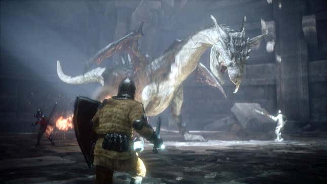Knights wearing armor fight against a dragon in a large chamber