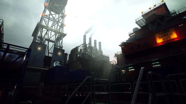 A character looks up at smoke stacks on an Oil Rig.