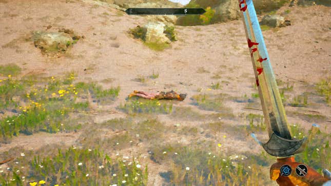 A sword is covered in blood in a painted world.