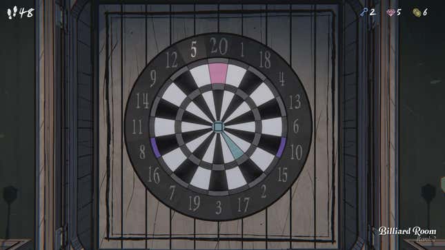 A screenshot of Blue Prince. A dartboard is shown with certain sections lit up in either purple, blue, or red.