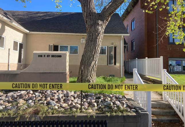 The fire-damaged Wellspring Health Access clinic in Casper, Wyo., is seen Wednesday, May 25, 2022. 