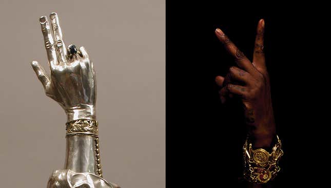 Left: Reliquary arm of St. Valentine 14th century, Swiss. Right: 2 Chainz.