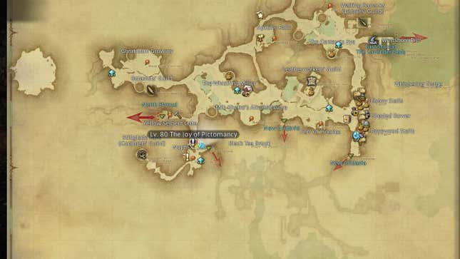 A screenshot of a map in Final Fantasy 14 shows the location of a quest.