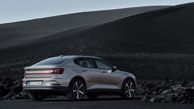 A beige Polestar 2 electric car. 