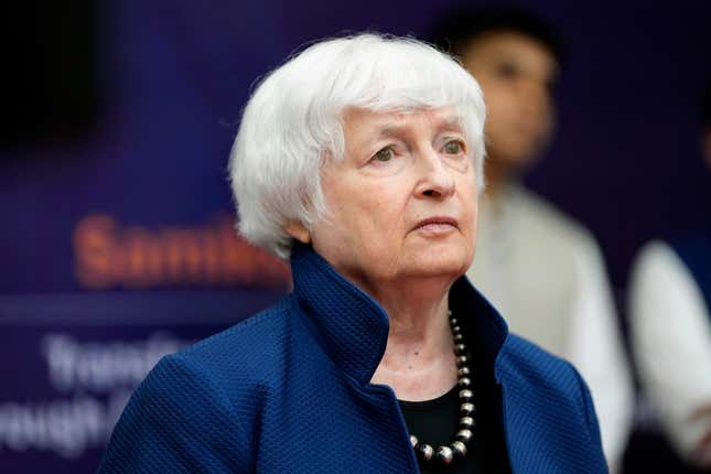 FILE - United States Treasury Secretary Janet Yellen watches a presentation during her visit to a School of Excellence facility in Gandhinagar, India, Sunday, July 16, 2023. The Biden administration plans to increase scrutiny of investment plans of foreign-owned companies operating in the United States, with Treasury Secretary Janet Yellen saying Thursday, Sept. 14, that national security is a “foremost priority.” (AP Photo/Ajit Solanki, File)